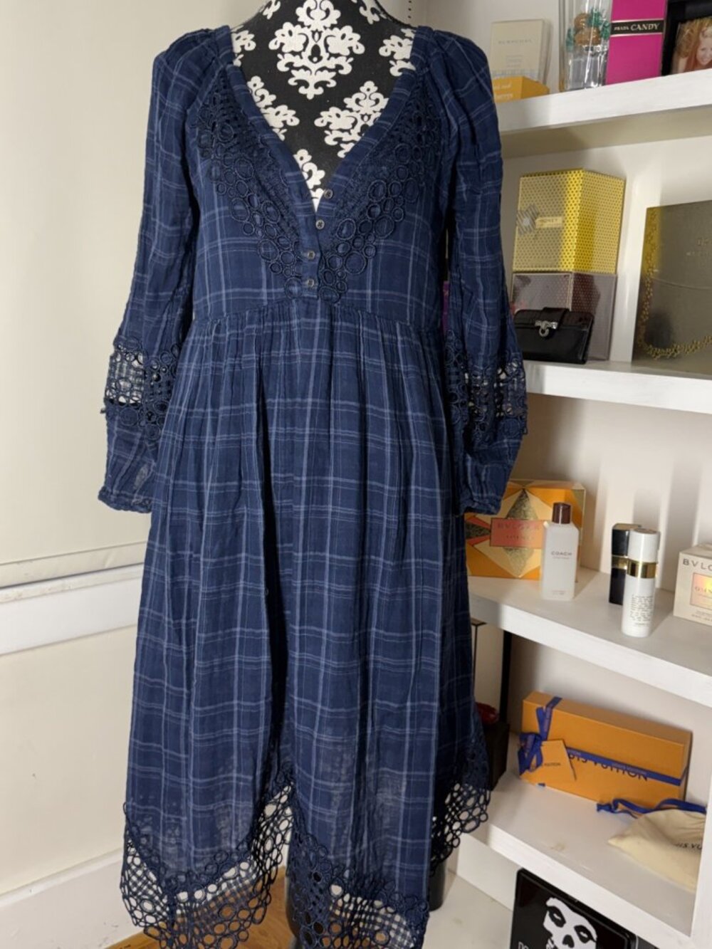 ANTHROPOLOGIE Akemi + Kin Blue Plaid Kerchief Lace trim Dress Size 8 38 Bust